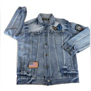 Ring Of Fire Men’s Jean Denim Jacket Retro Style Patches Size Medium